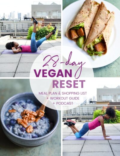 28-day program cover: four images, 2 of Samantha Bailey working out, one of blueberry oatmeal, one of tofu veggie wraps.