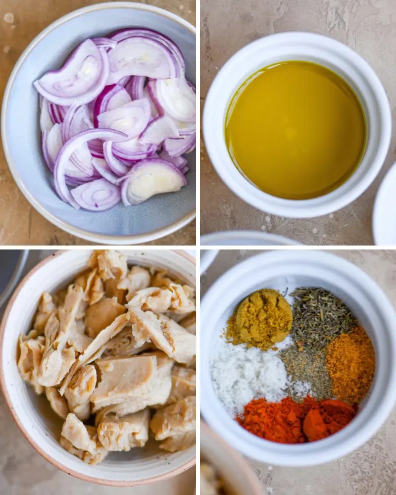 Ingredient collage, 4 images: red onions, avocado oil, vegan chicken, spice mix